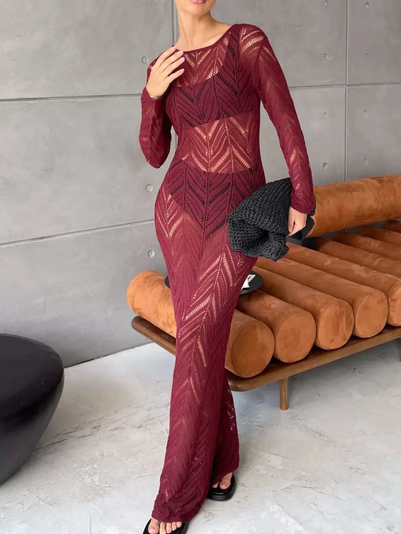 Openwork Long Sleeve Knit Cover Up Dress - SuzRevera