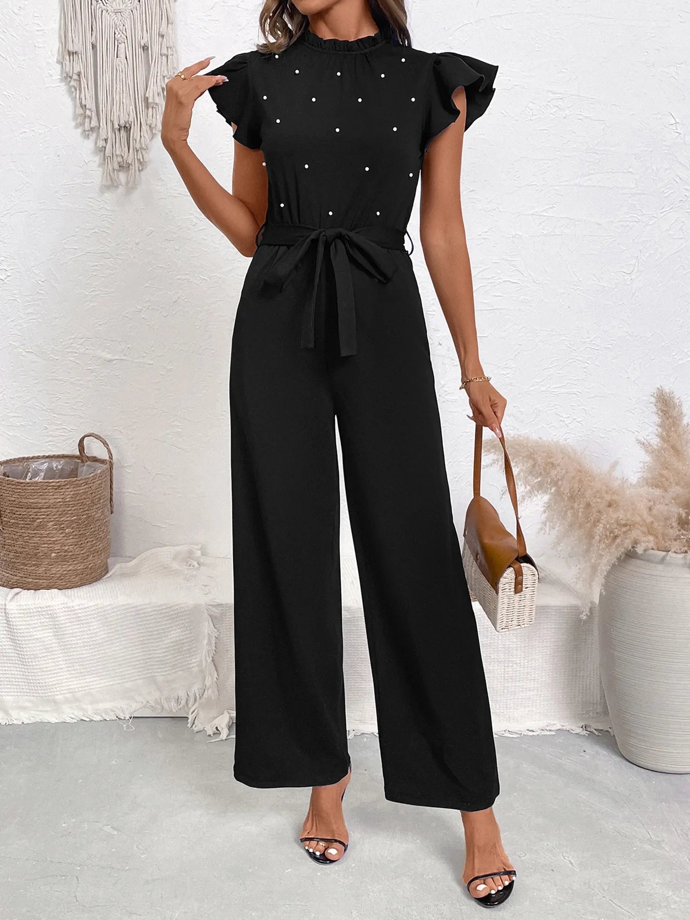 Pearl Detail Ruffled Cap Sleeve Jumpsuit - SuzRevera