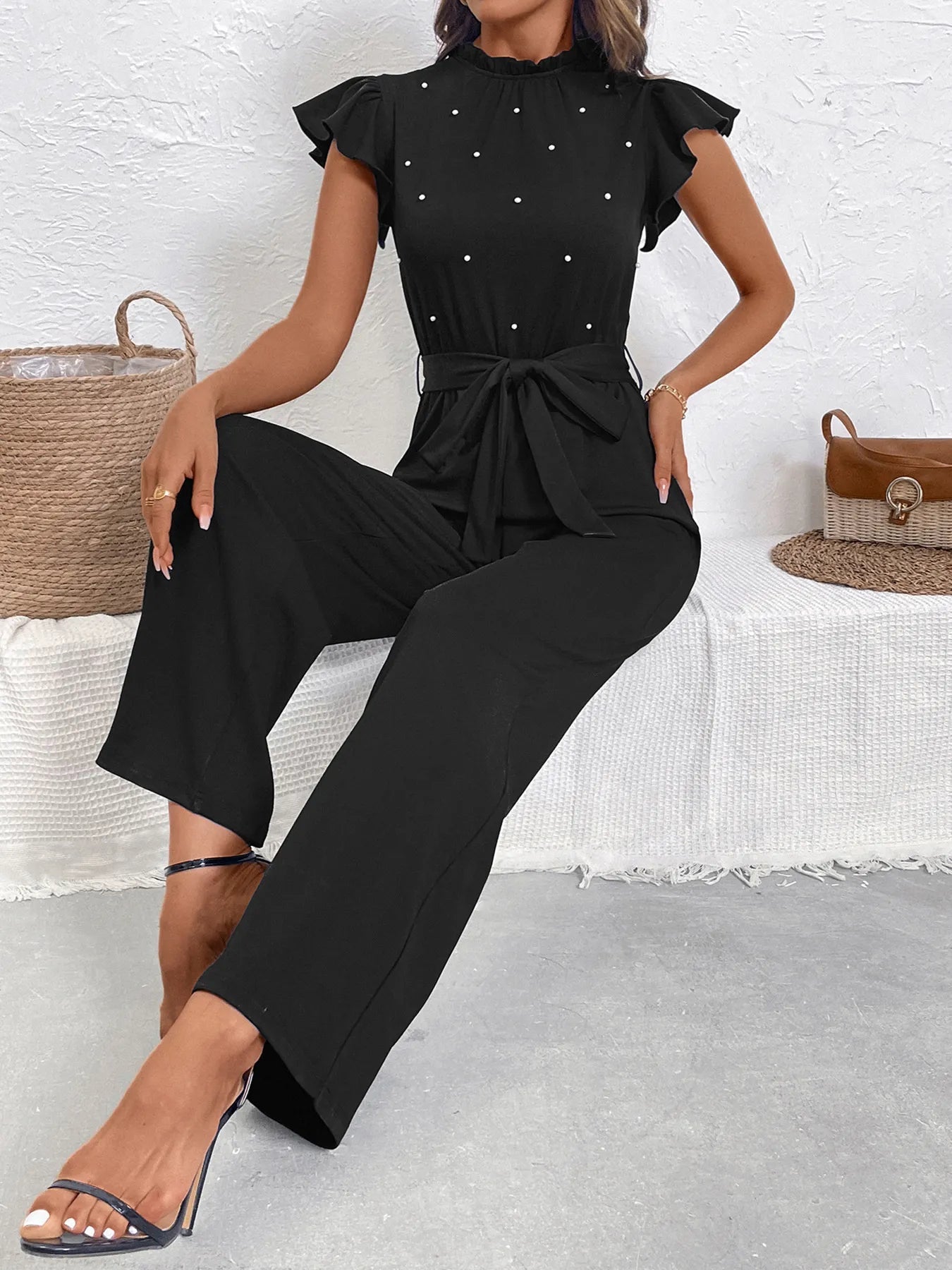 Pearl Detail Ruffled Cap Sleeve Jumpsuit - SuzRevera