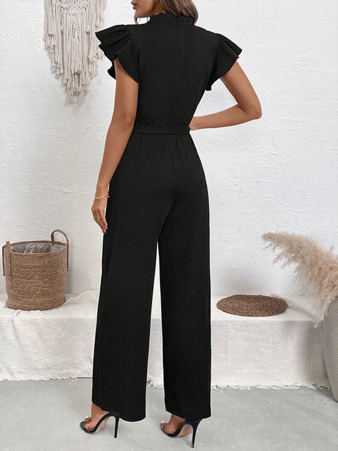 Pearl Detail Ruffled Cap Sleeve Jumpsuit - SuzRevera