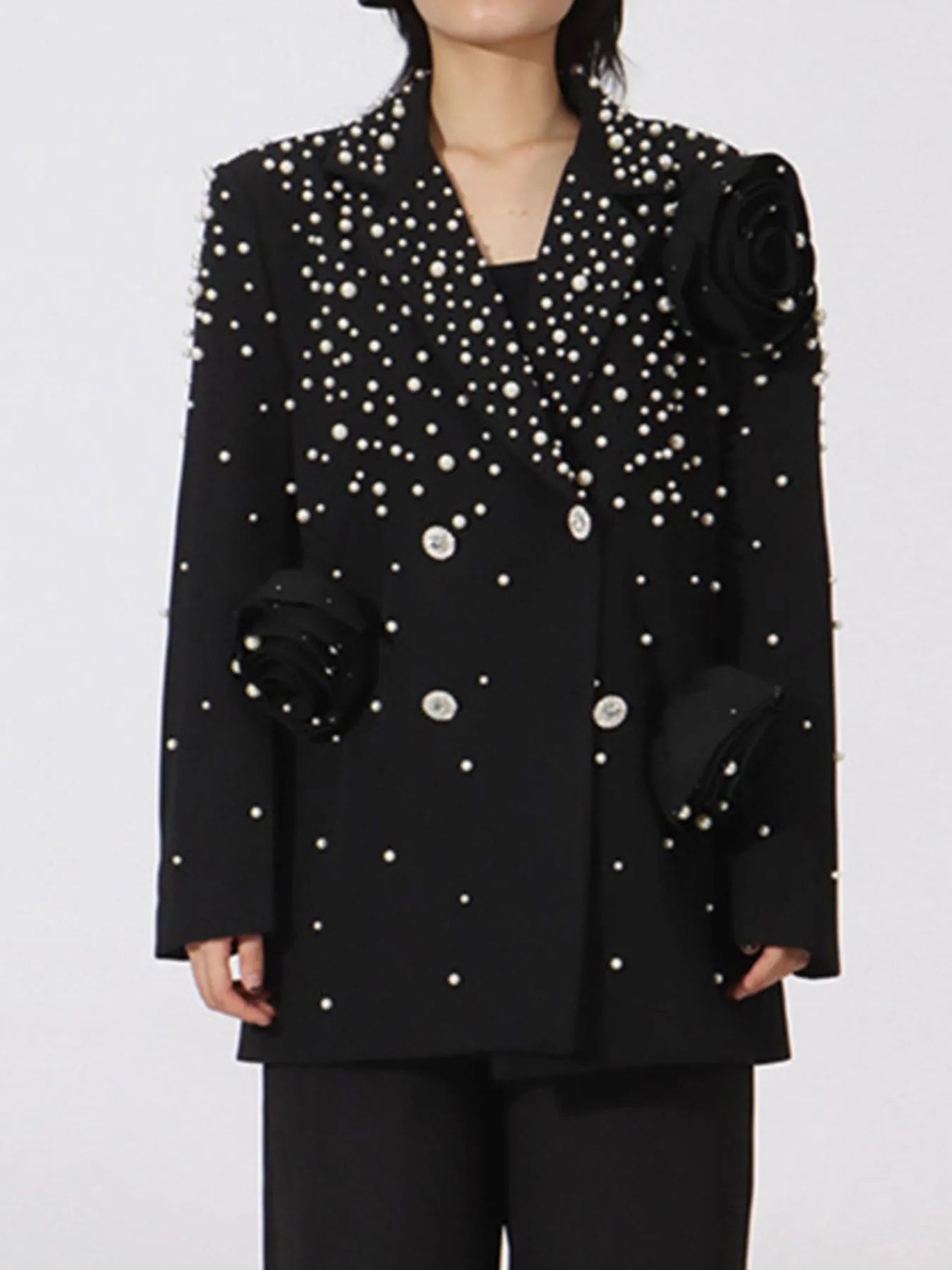 Pearl Embellished Double - Breasted Blazer - SuzRevera