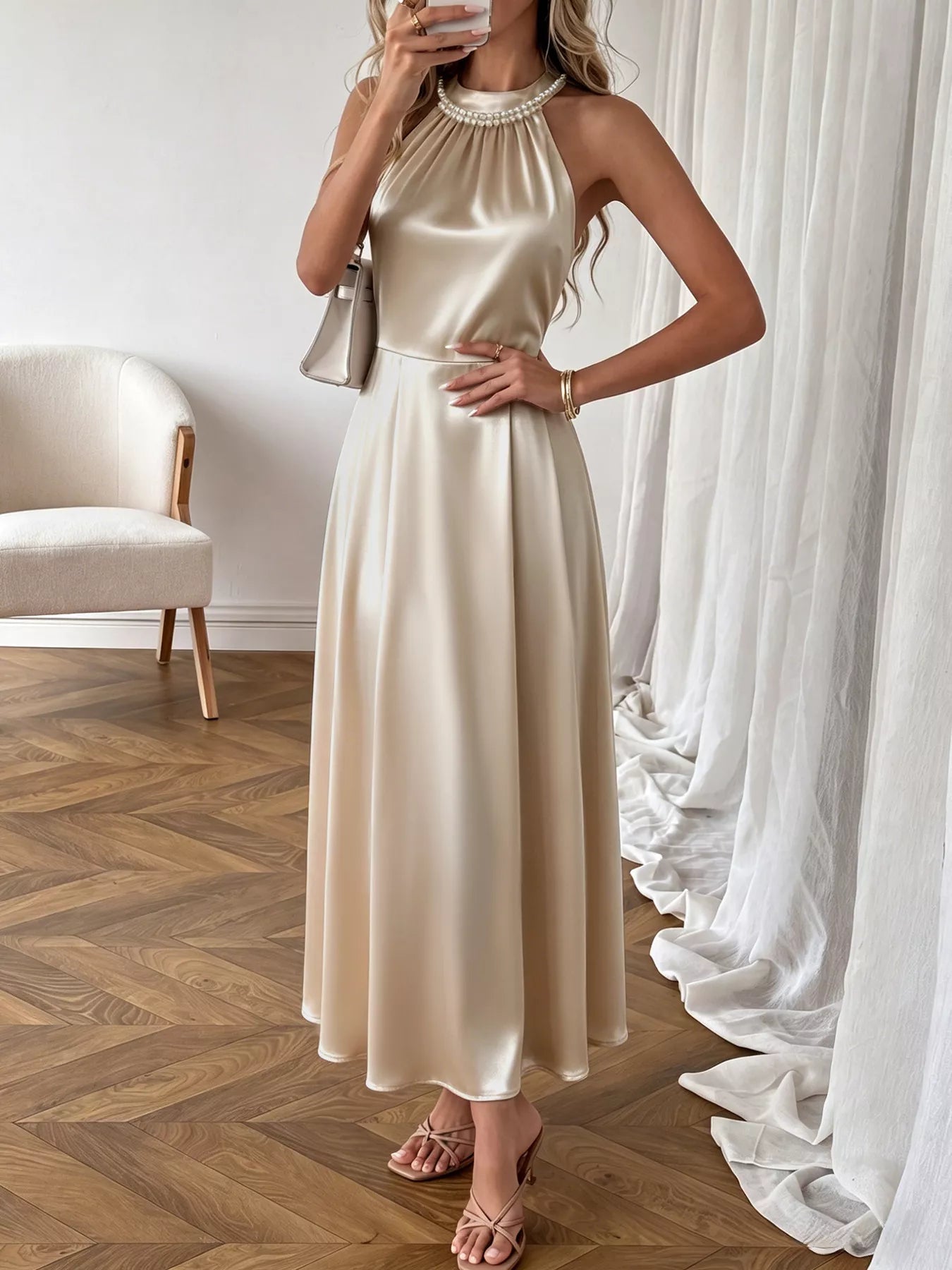 Pearl Halter Satin Midi Dress - SuzRevera