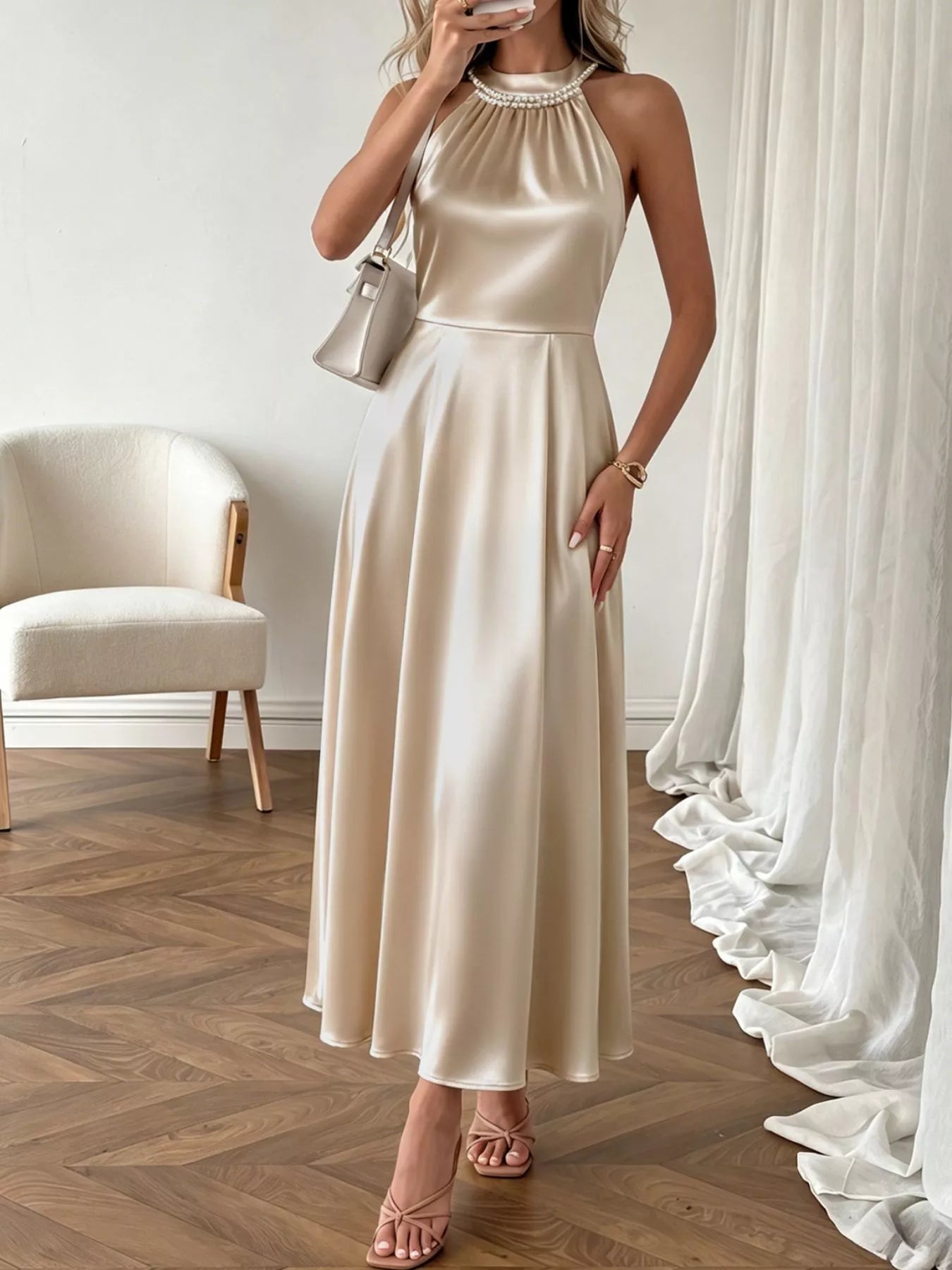 Pearl Halter Satin Midi Dress - SuzRevera