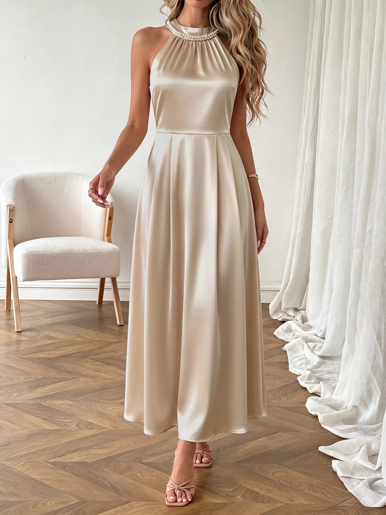 Pearl Halter Satin Midi Dress - SuzRevera