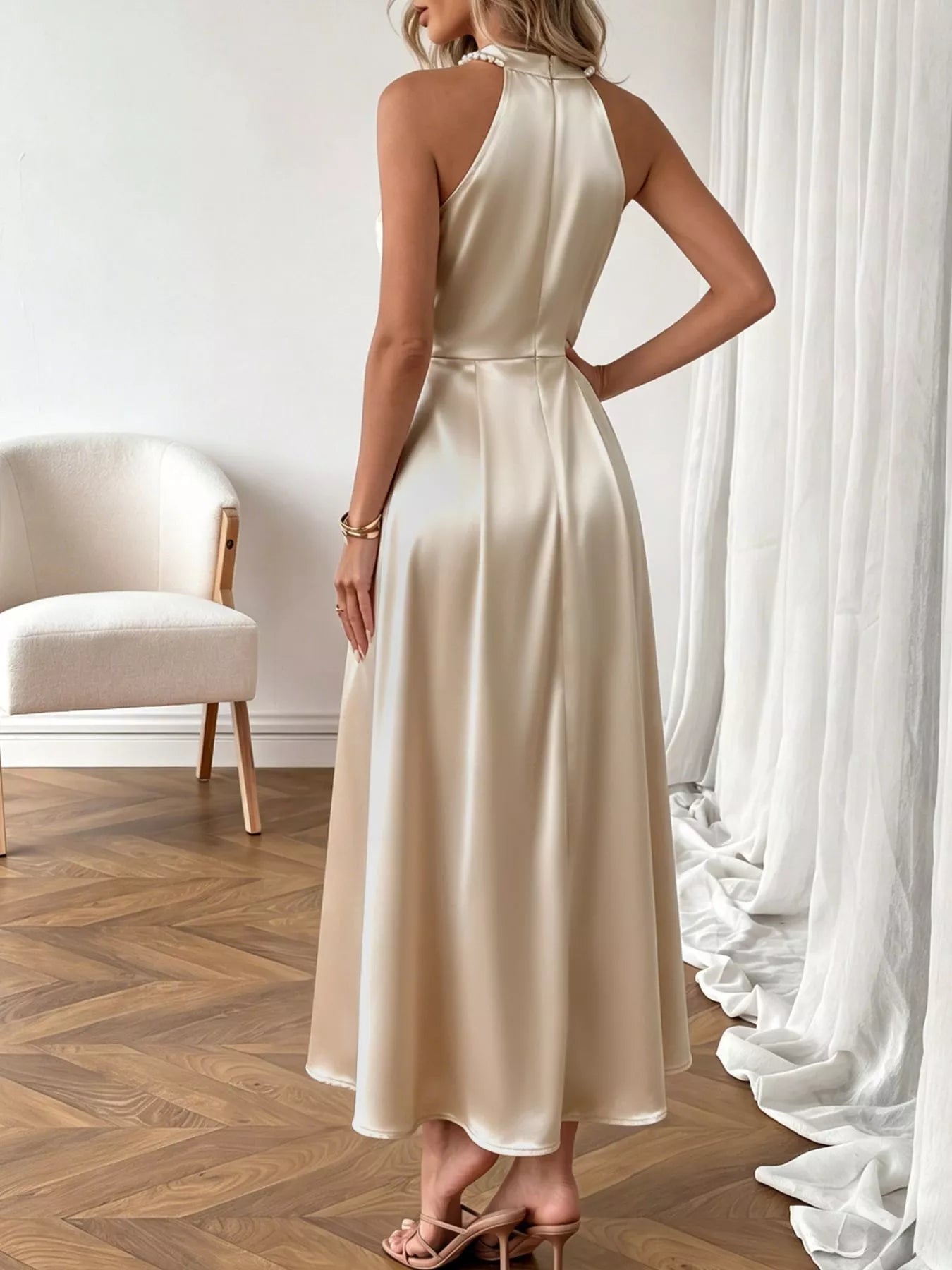 Pearl Halter Satin Midi Dress - SuzRevera