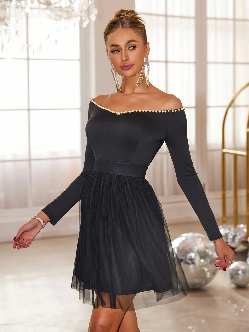 Pearl Trim Mesh Hem Off Shoulder Dress - SuzRevera