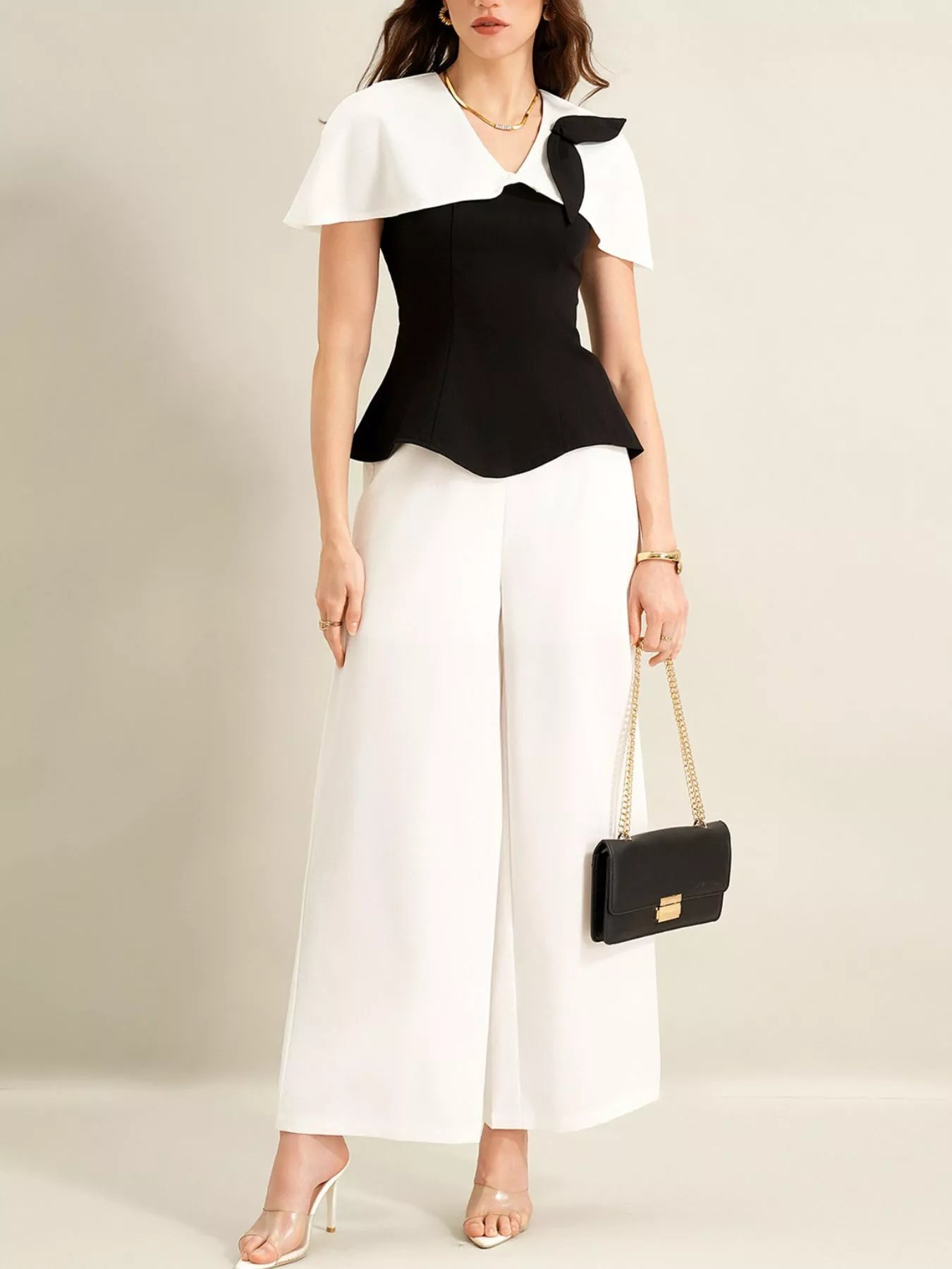 Peplum Top with Wide - Leg Pants Set - SuzRevera