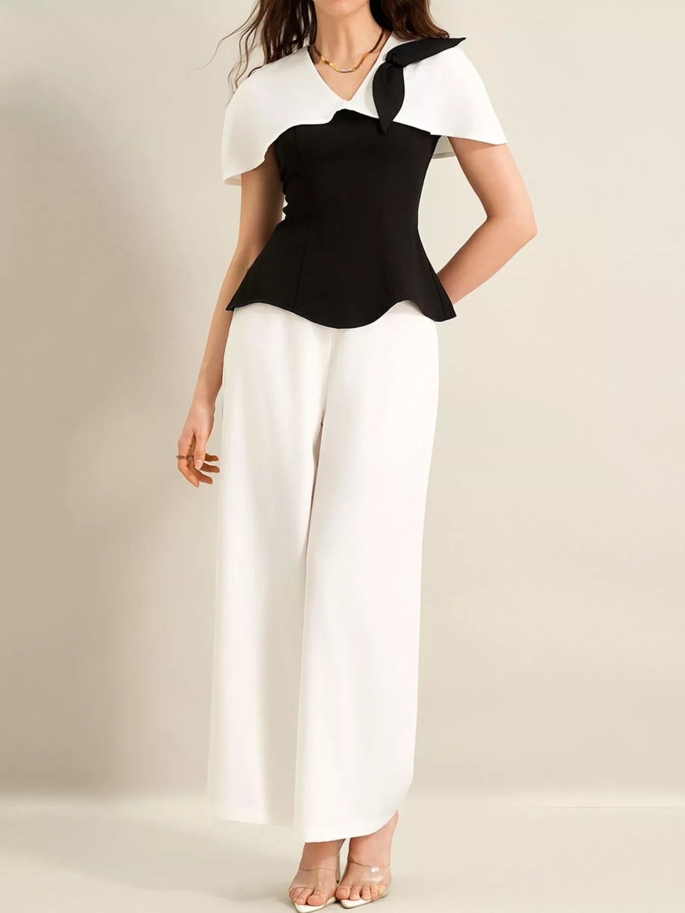 Peplum Top with Wide - Leg Pants Set - SuzRevera