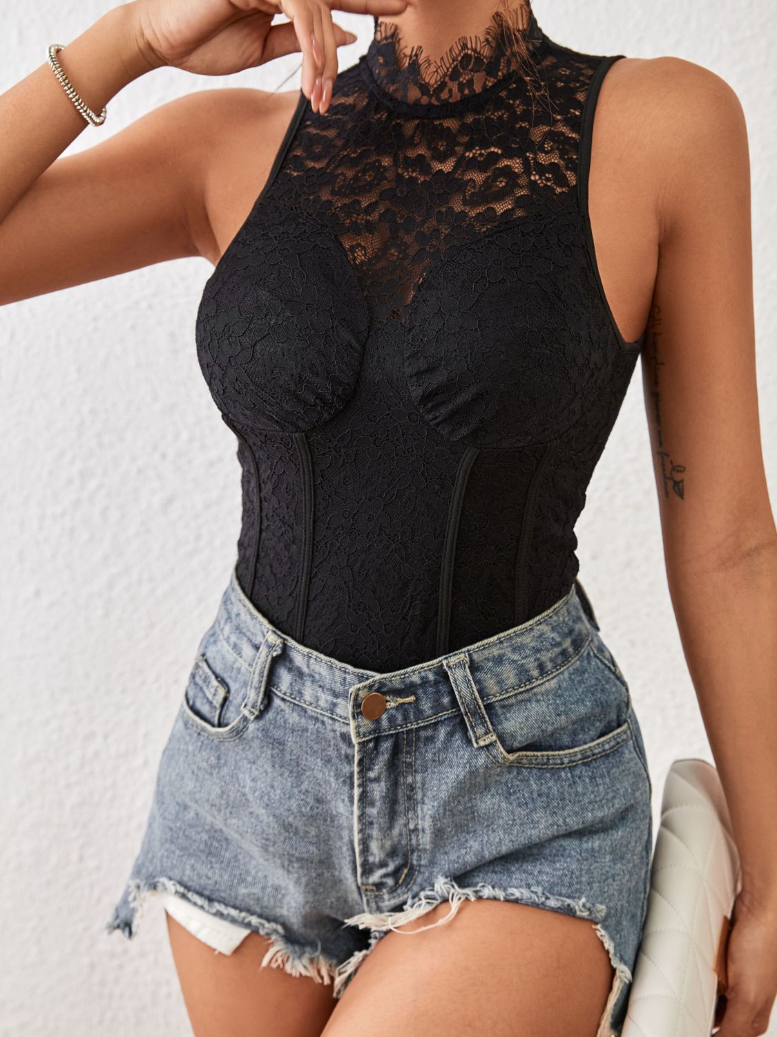 Perfee Mock Neck Sleeveless Lace Bodysuit - SuzRevera