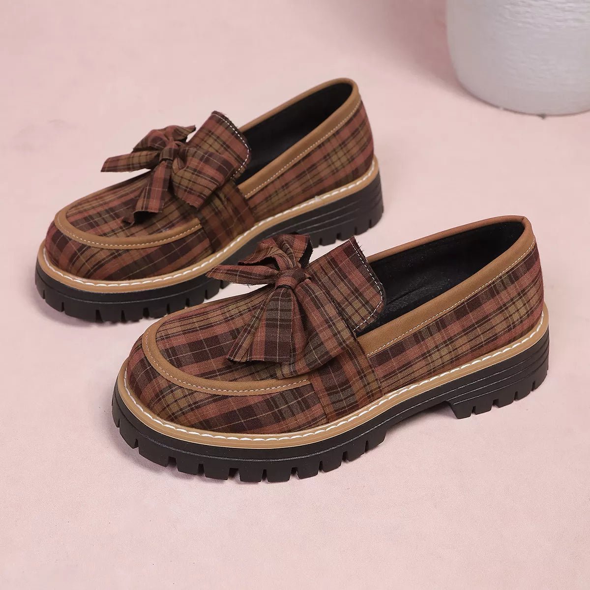 Plaid Bow Decor Chunky Loafers - SuzRevera
