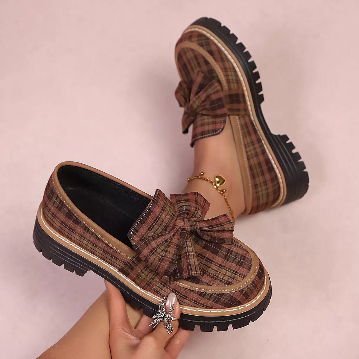 Plaid Bow Decor Chunky Loafers - SuzRevera