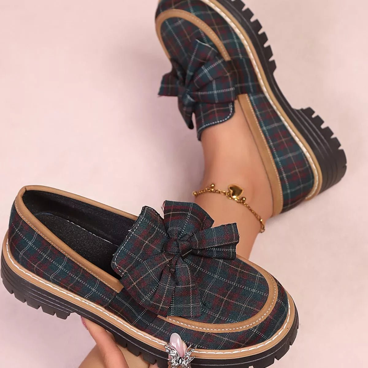 Plaid Bow Decor Chunky Loafers - SuzRevera