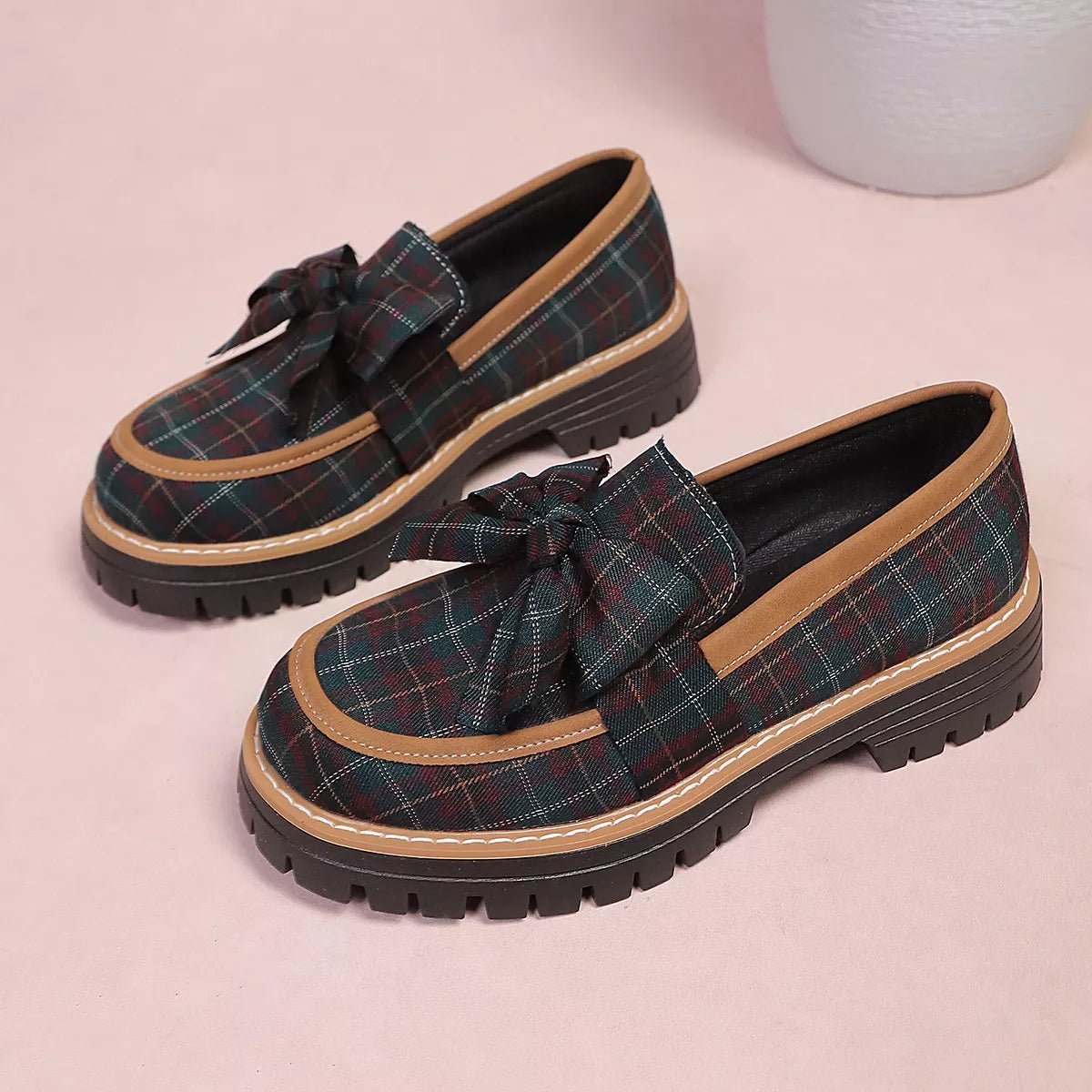 Plaid Bow Decor Chunky Loafers - SuzRevera
