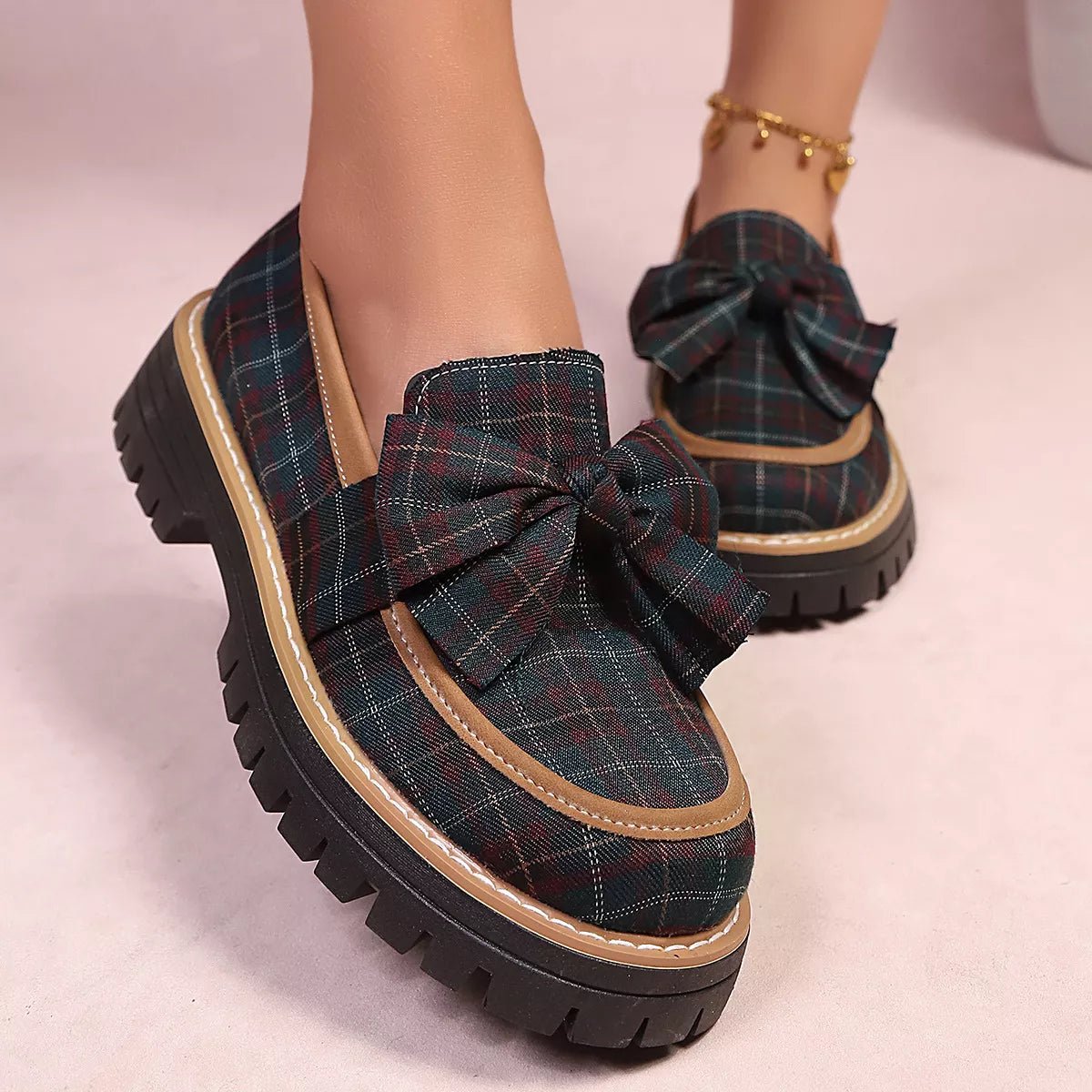 Plaid Bow Decor Chunky Loafers - SuzRevera