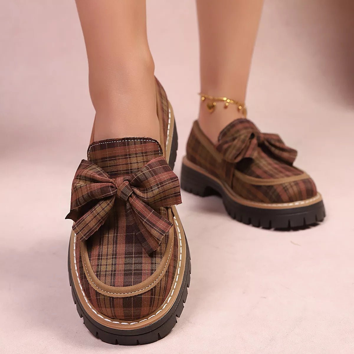 Plaid Bow Decor Chunky Loafers - SuzRevera