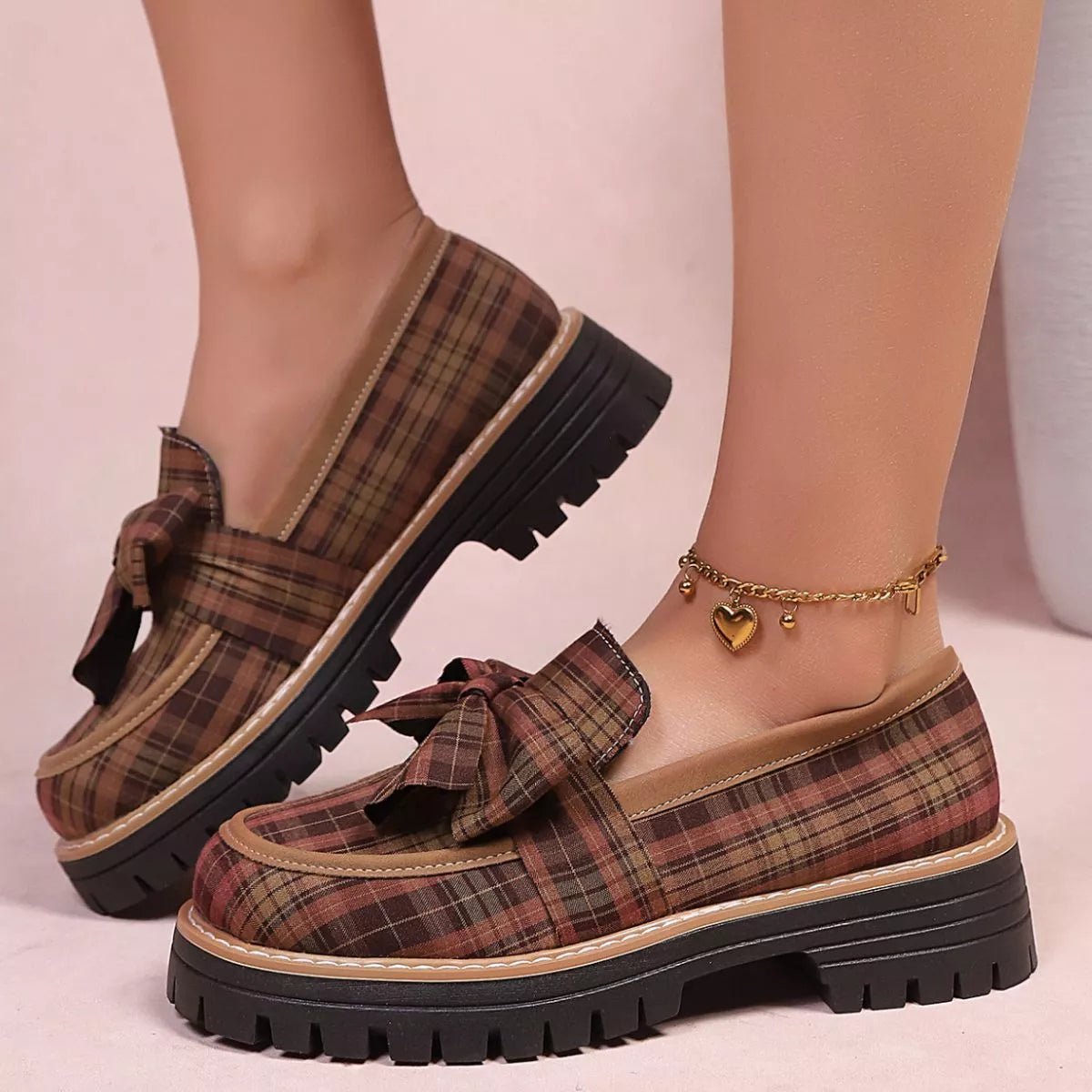 Plaid Bow Decor Chunky Loafers - SuzRevera