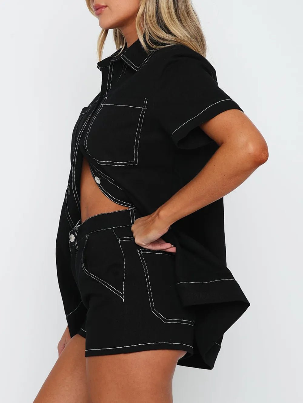 Pocketed Button Up Top and Shorts Set - SuzRevera