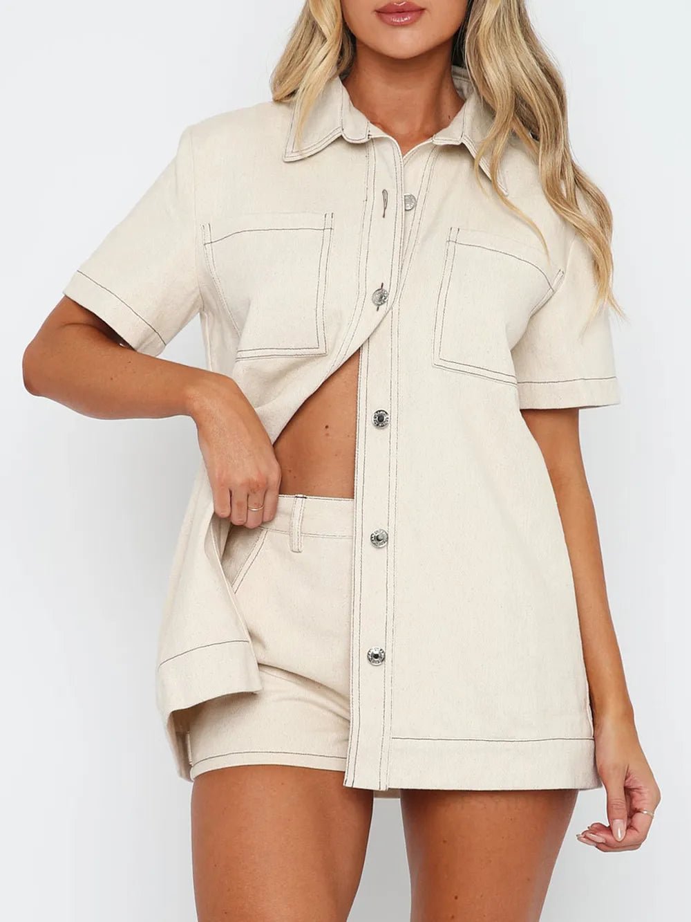 Pocketed Button Up Top and Shorts Set - SuzRevera