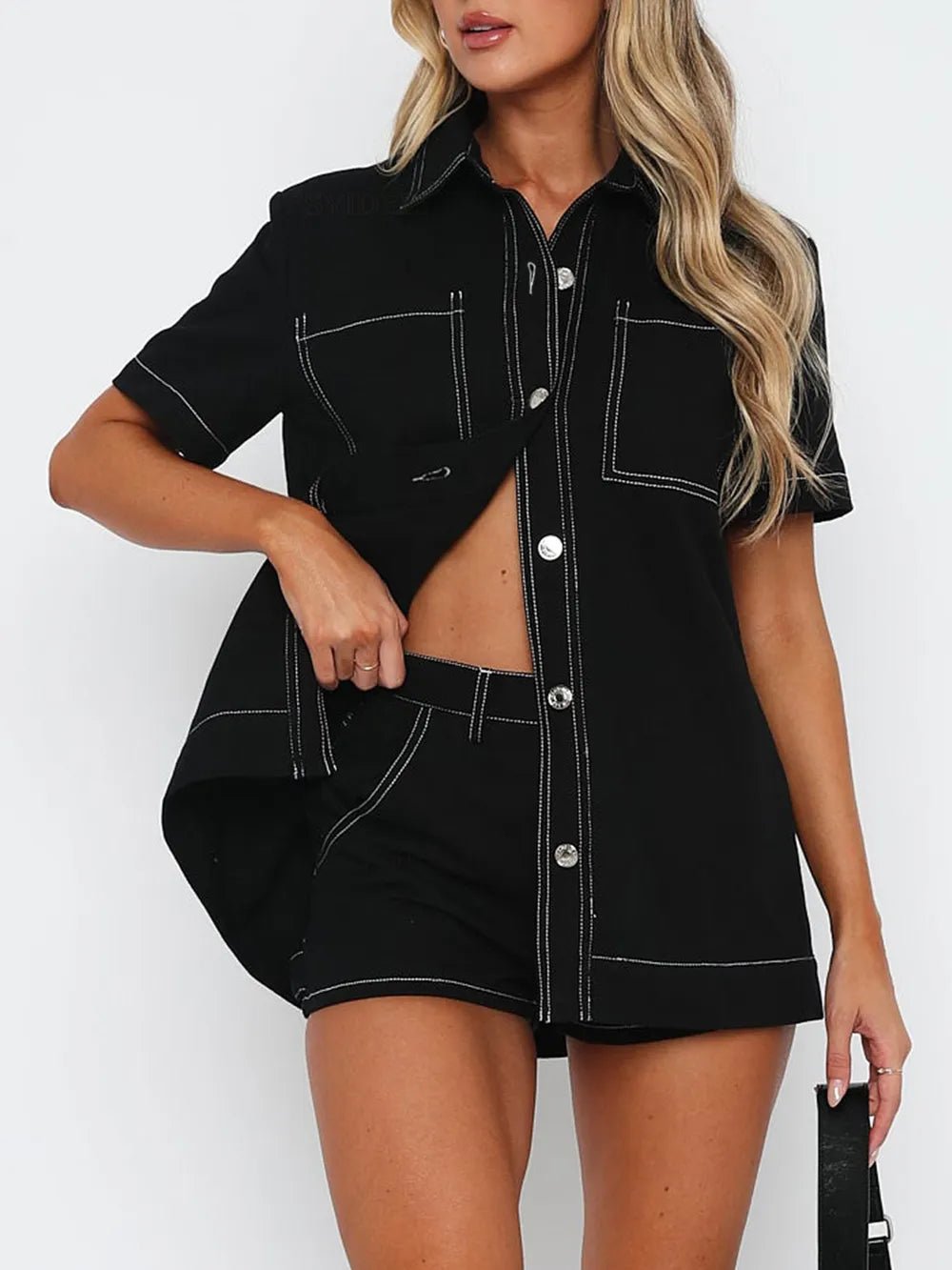 Pocketed Button Up Top and Shorts Set - SuzRevera