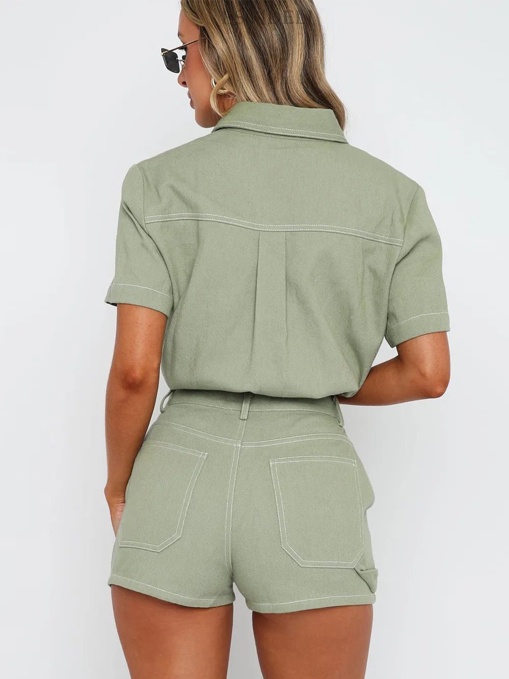 Pocketed Button Up Top and Shorts Set - SuzRevera