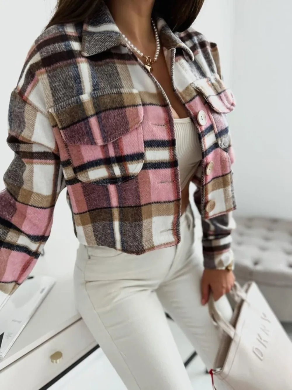 Pocketed Collared Neck Long Sleeve Plaid Jacket - SuzRevera