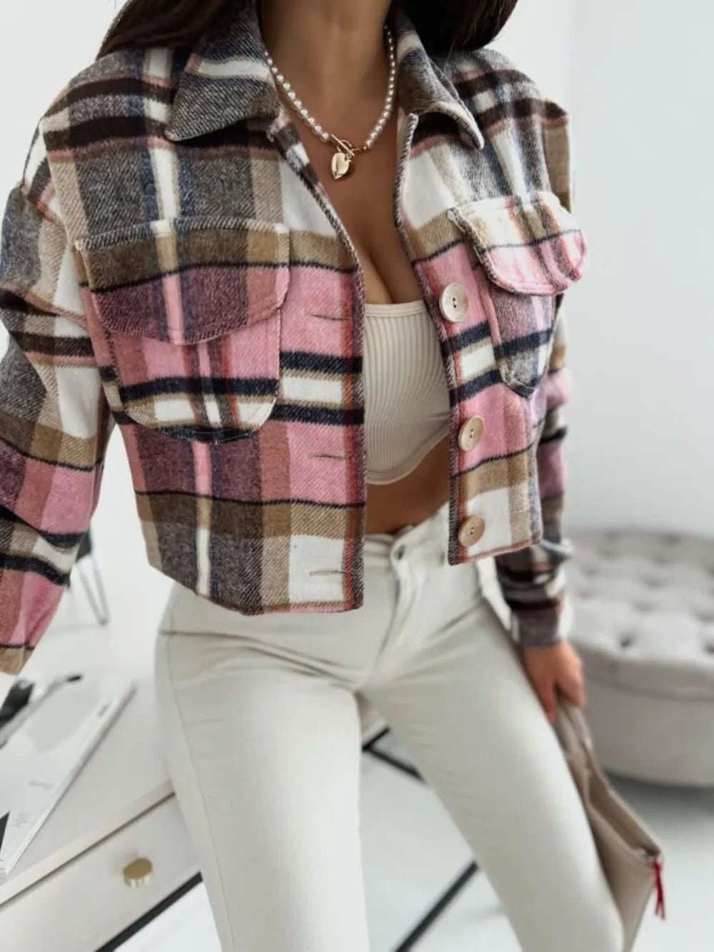 Pocketed Collared Neck Long Sleeve Plaid Jacket - SuzRevera