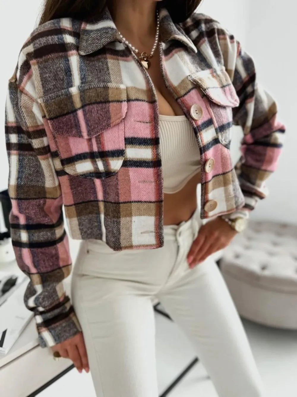 Pocketed Collared Neck Long Sleeve Plaid Jacket - SuzRevera