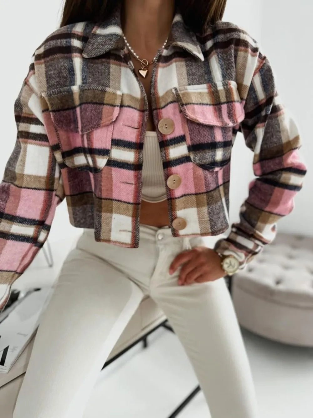 Pocketed Collared Neck Long Sleeve Plaid Jacket - SuzRevera