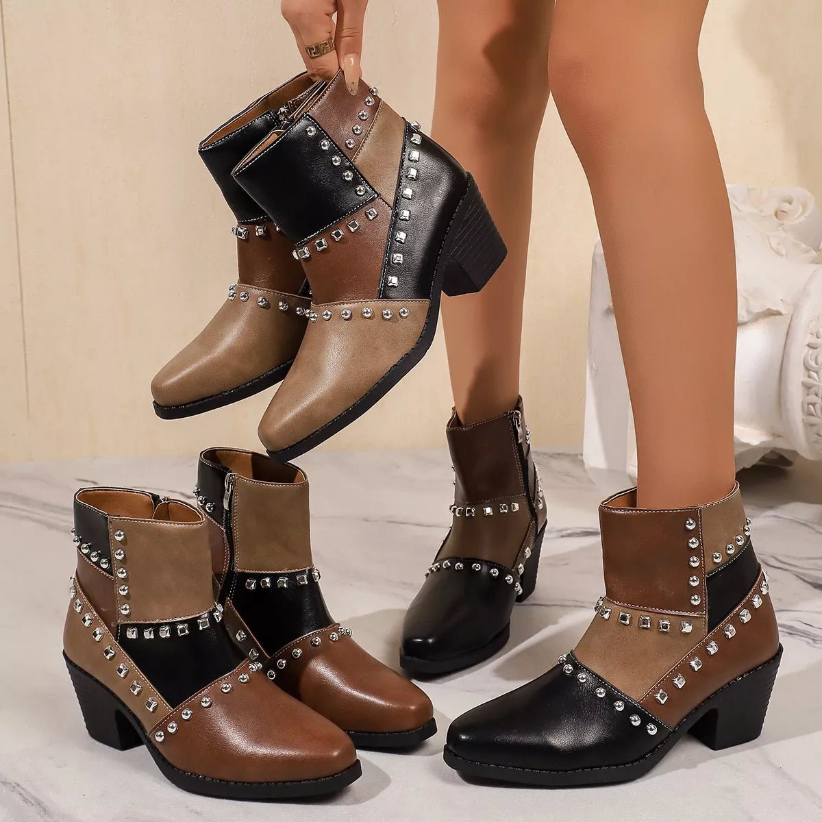 Point Toe Block Heels Boots - SuzRevera