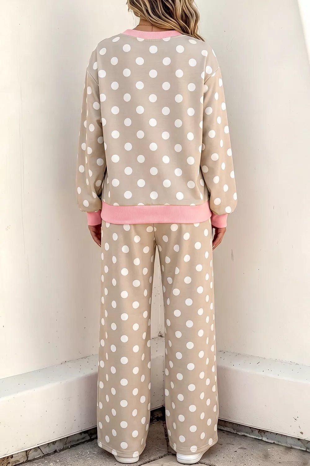 Polka Dot Contrast Trim Long Sleeve Top Drawstring Shift Pants Set - SuzRevera