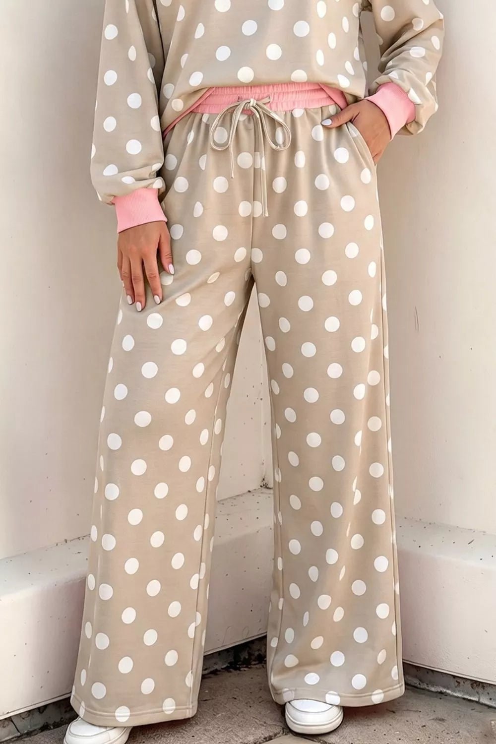 Polka Dot Contrast Trim Long Sleeve Top Drawstring Shift Pants Set - SuzRevera