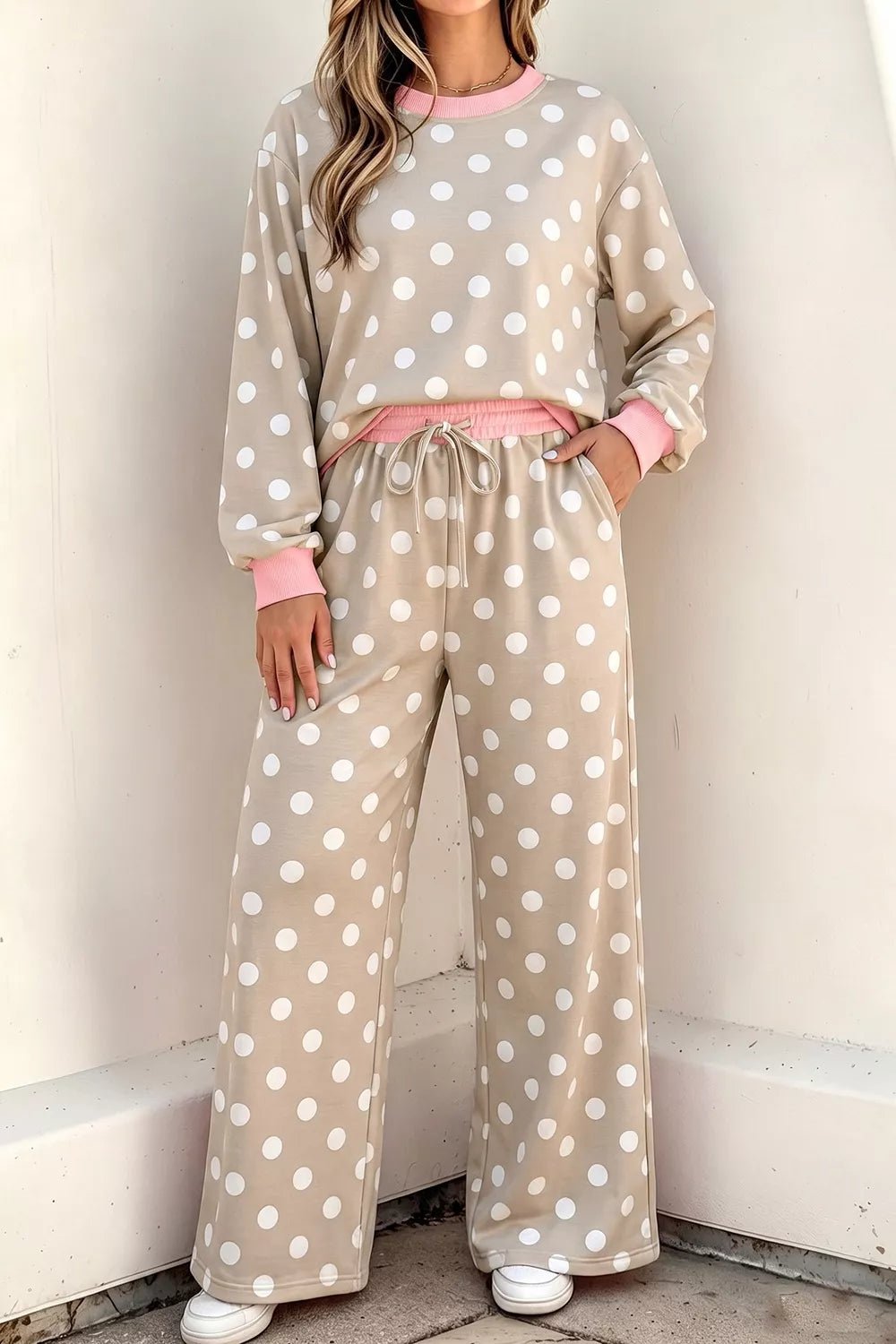 Polka Dot Contrast Trim Long Sleeve Top Drawstring Shift Pants Set - SuzRevera