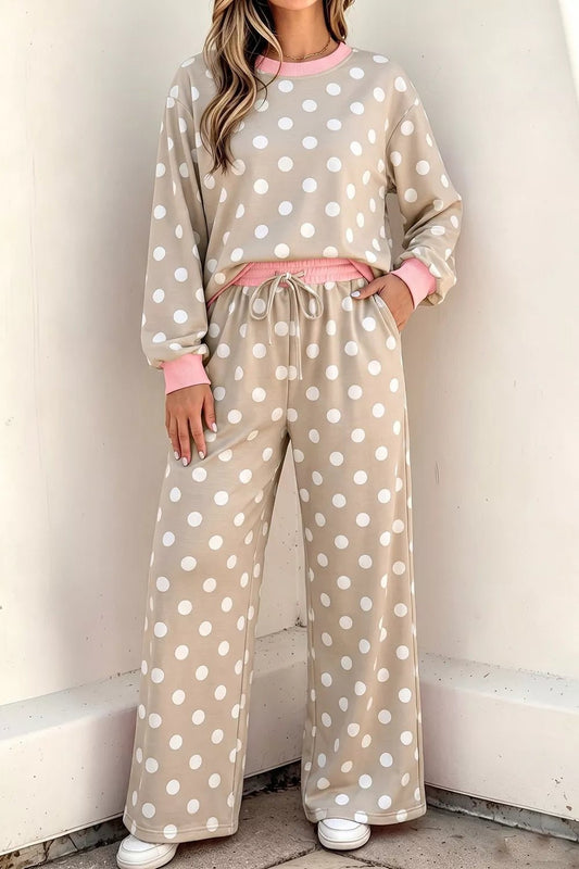 Polka Dot Contrast Trim Long Sleeve Top Drawstring Shift Pants Set - SuzRevera