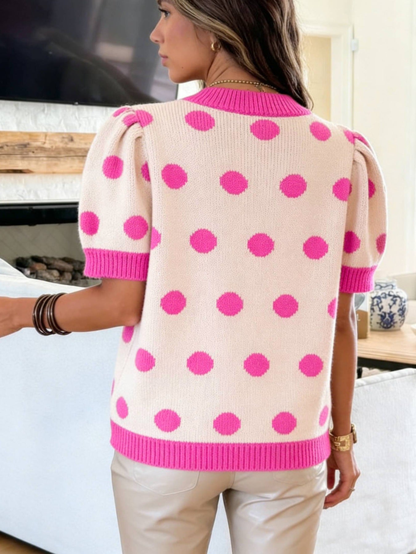 Polka Dot Puff Short Sleeve Sweater Top - SuzRevera