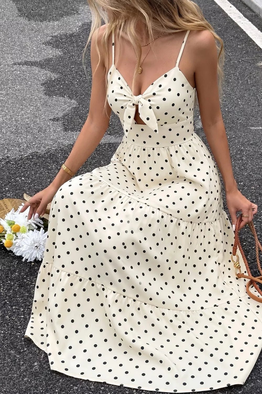 Polka Dot Tie-Front Cutout Maxi Dress - SuzRevera