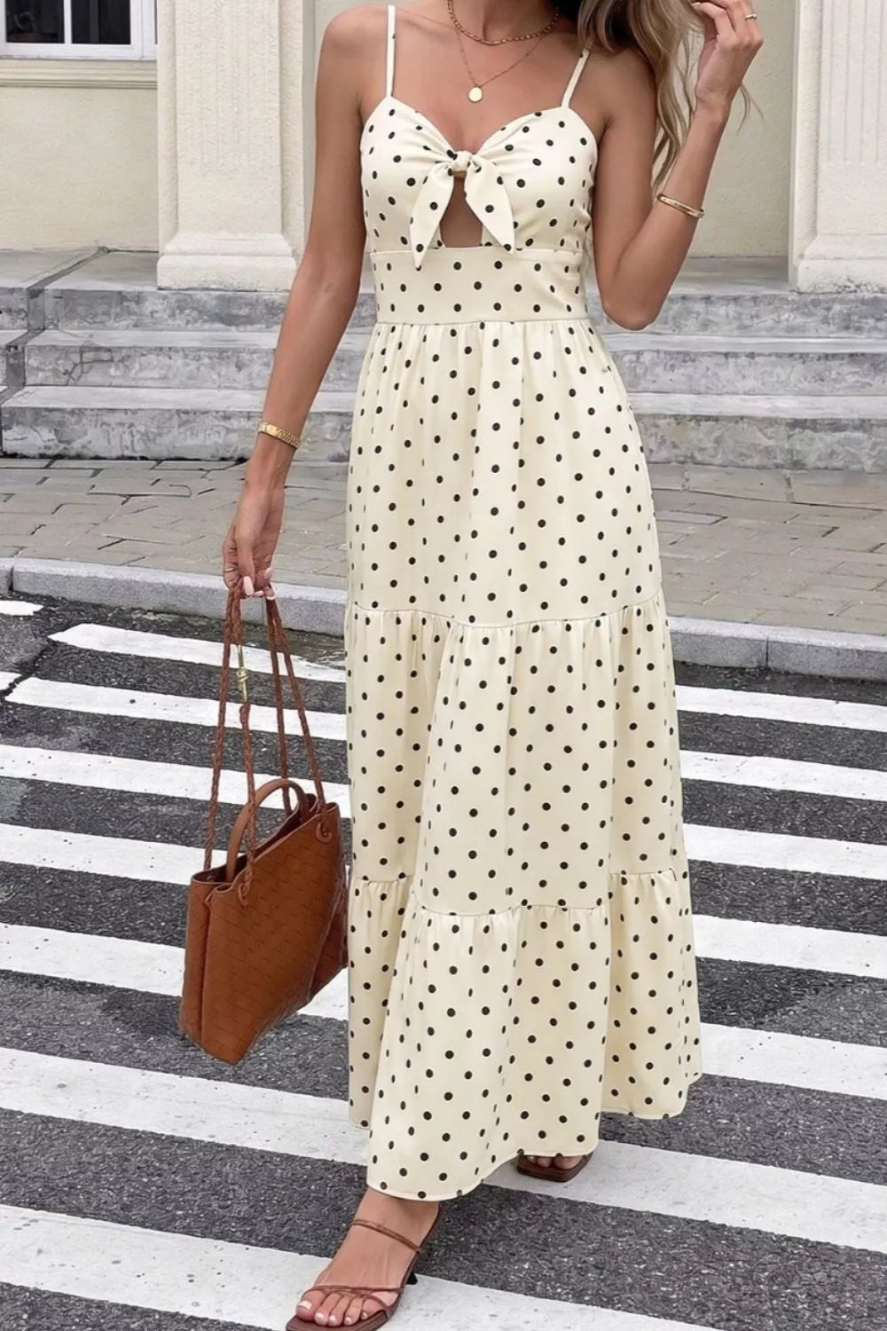 Polka Dot Tie-Front Cutout Maxi Dress - SuzRevera