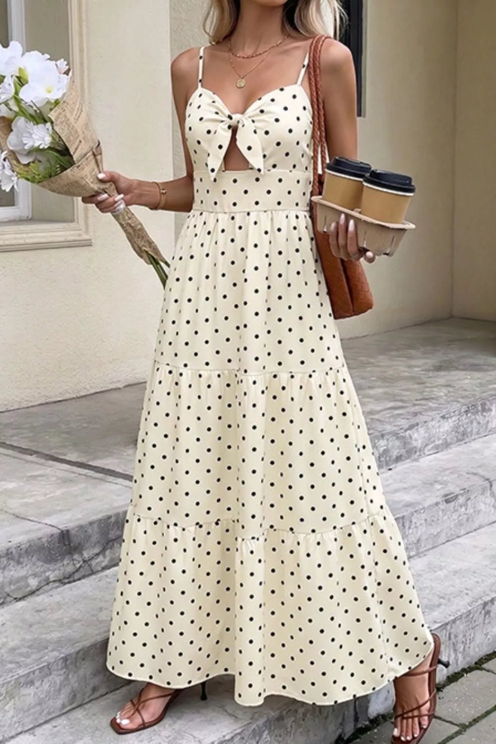 Polka Dot Tie-Front Cutout Maxi Dress - SuzRevera