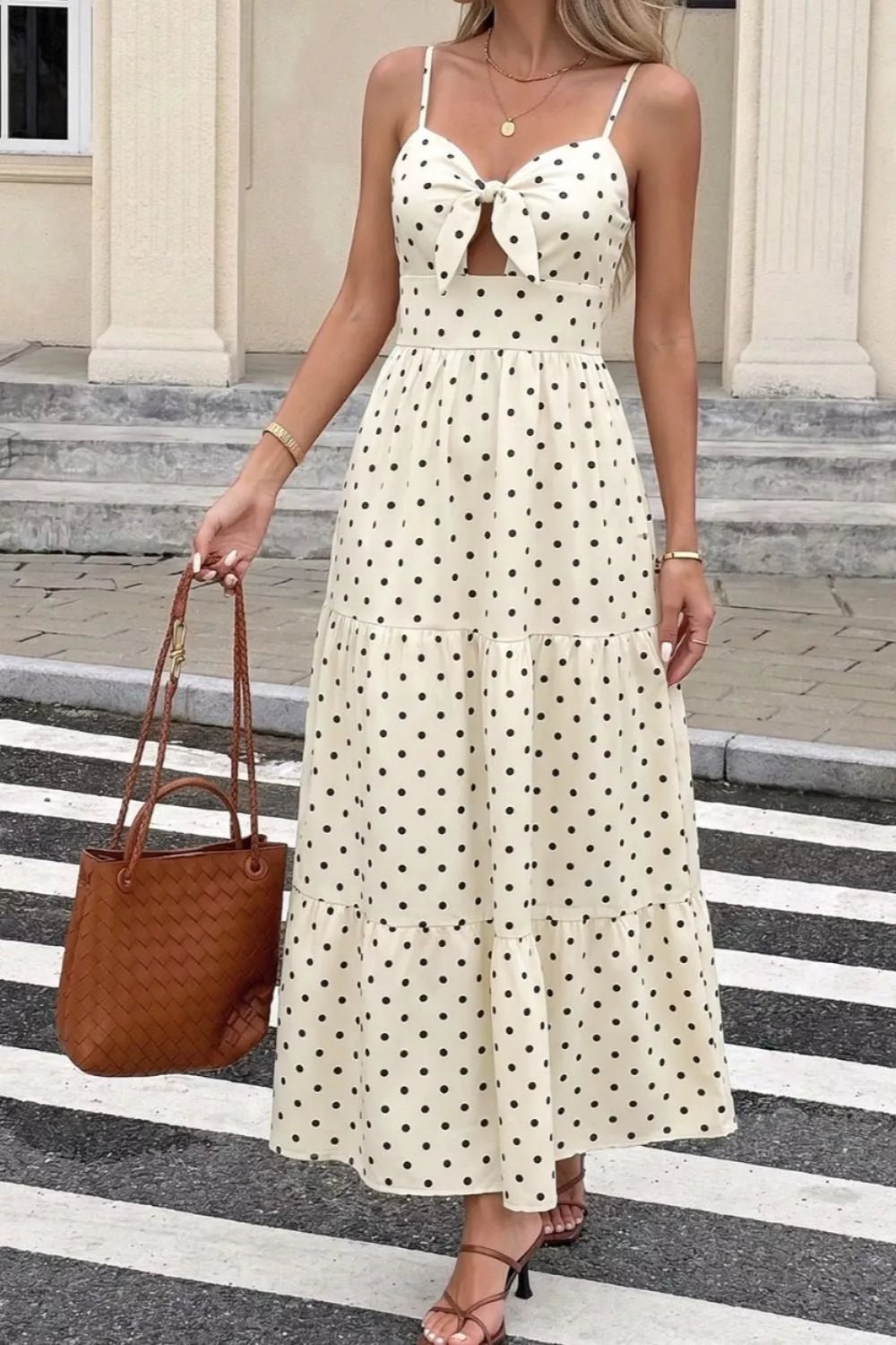 Polka Dot Tie-Front Cutout Maxi Dress - SuzRevera