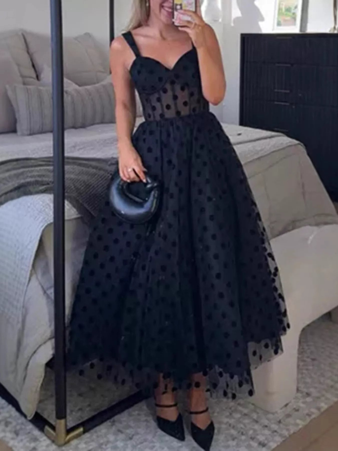 Polka Dot Tulle Sleeveless Midi Dress - SuzRevera