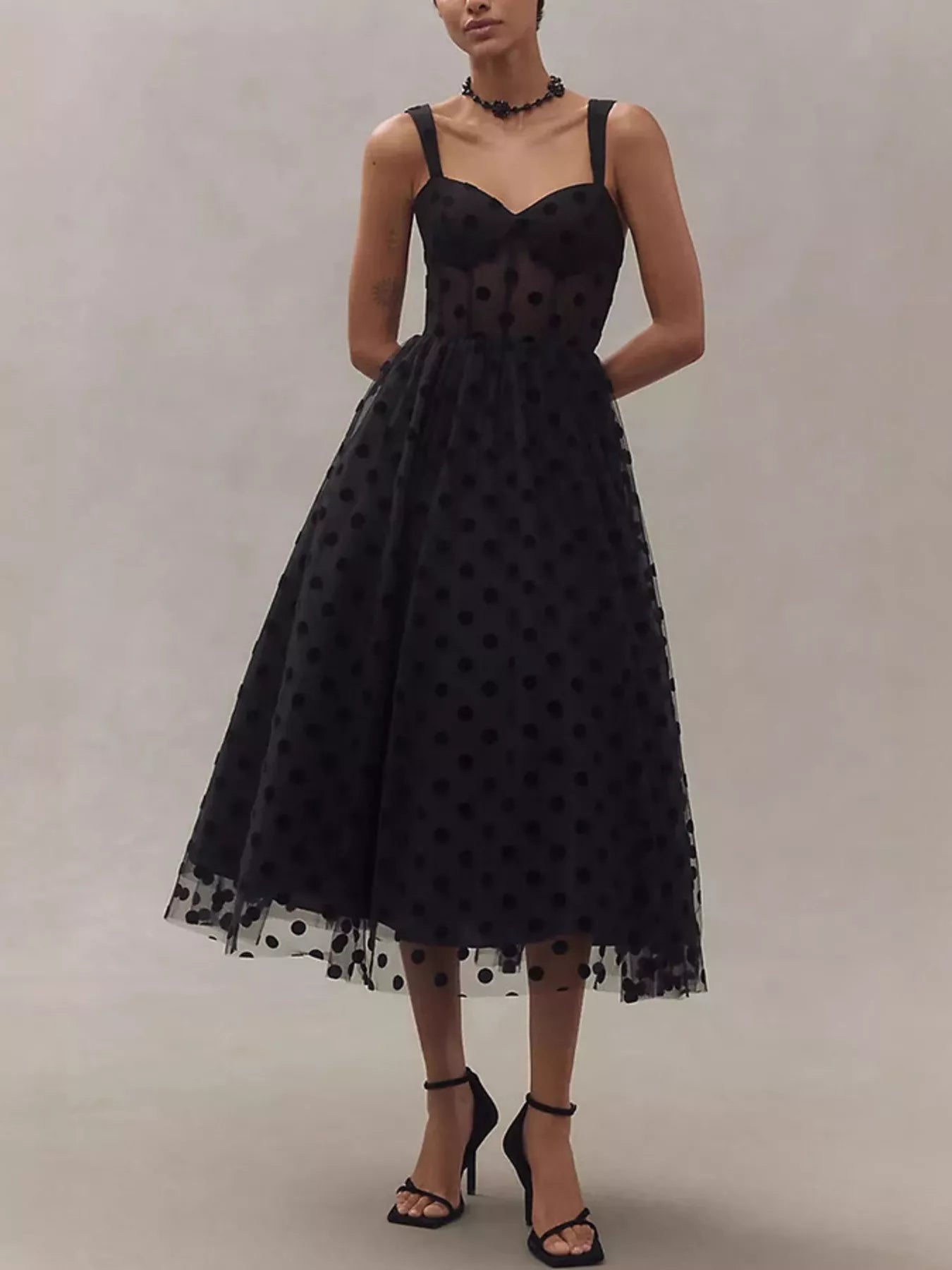 Polka Dot Tulle Sleeveless Midi Dress - SuzRevera