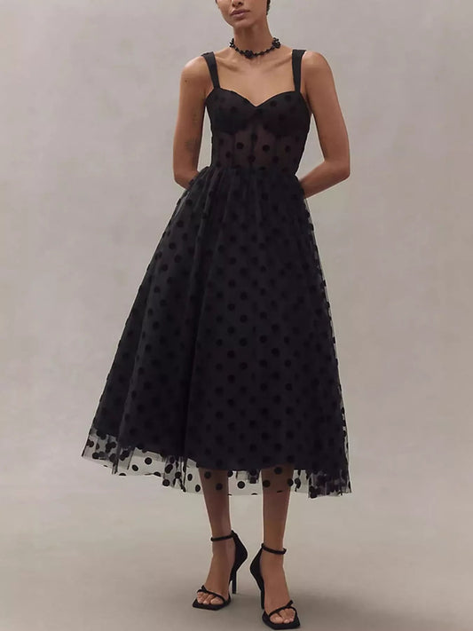 Polka Dot Tulle Sleeveless Midi Dress - SuzRevera