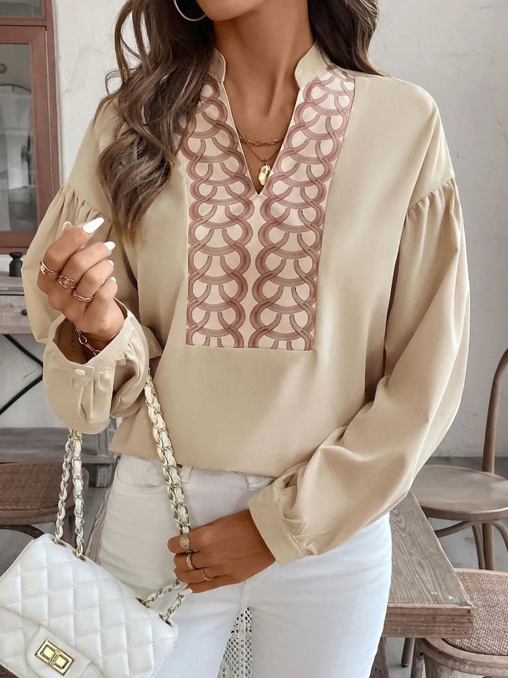 Printed Notched Long Sleeve Blouse - SuzRevera