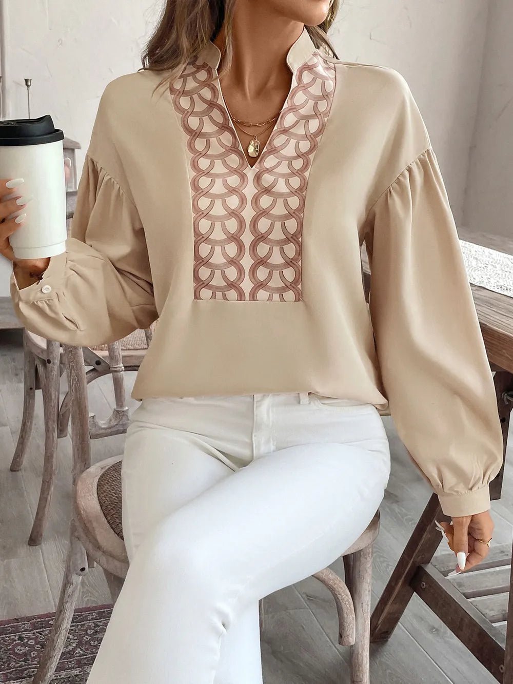 Printed Notched Long Sleeve Blouse - SuzRevera