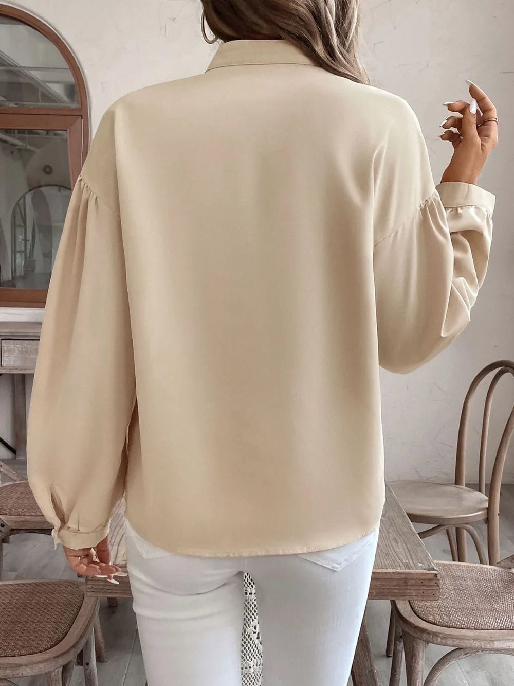 Printed Notched Long Sleeve Blouse - SuzRevera