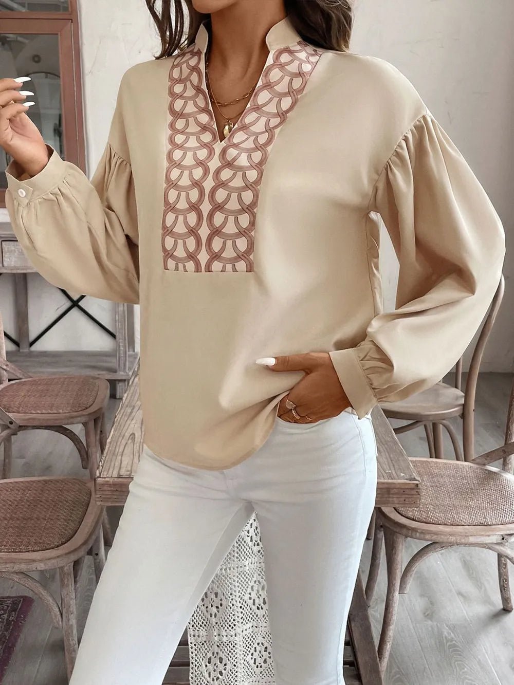 Printed Notched Long Sleeve Blouse - SuzRevera