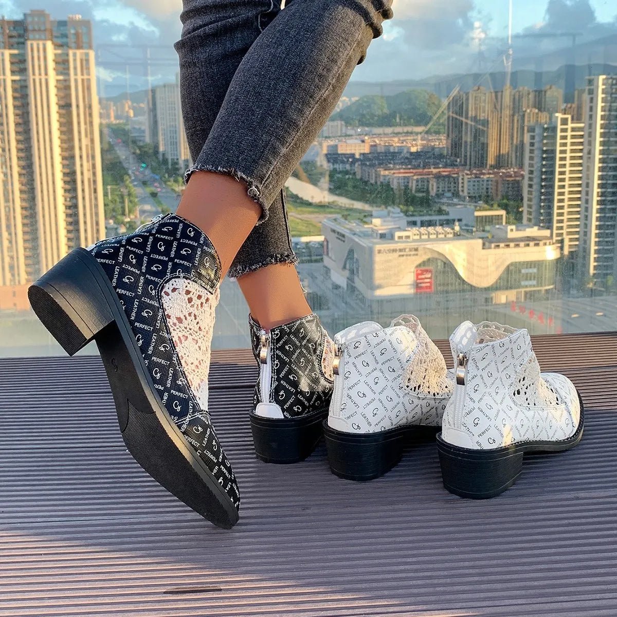 Printed Point Toe Block Heels Boots - SuzRevera