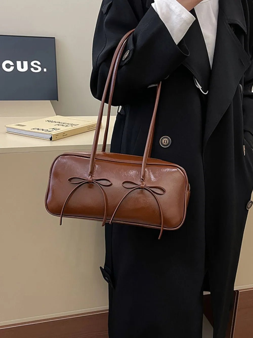 PU Leather Bow Trim Shoulder Bag - SuzRevera