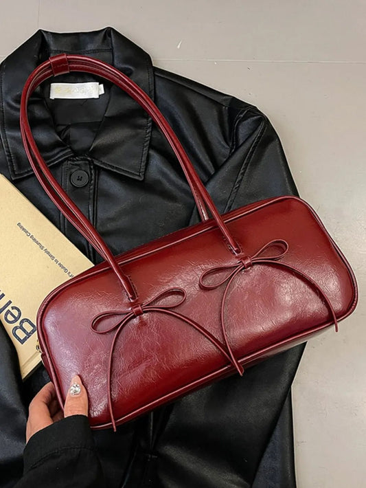 PU Leather Bow Trim Shoulder Bag - SuzRevera