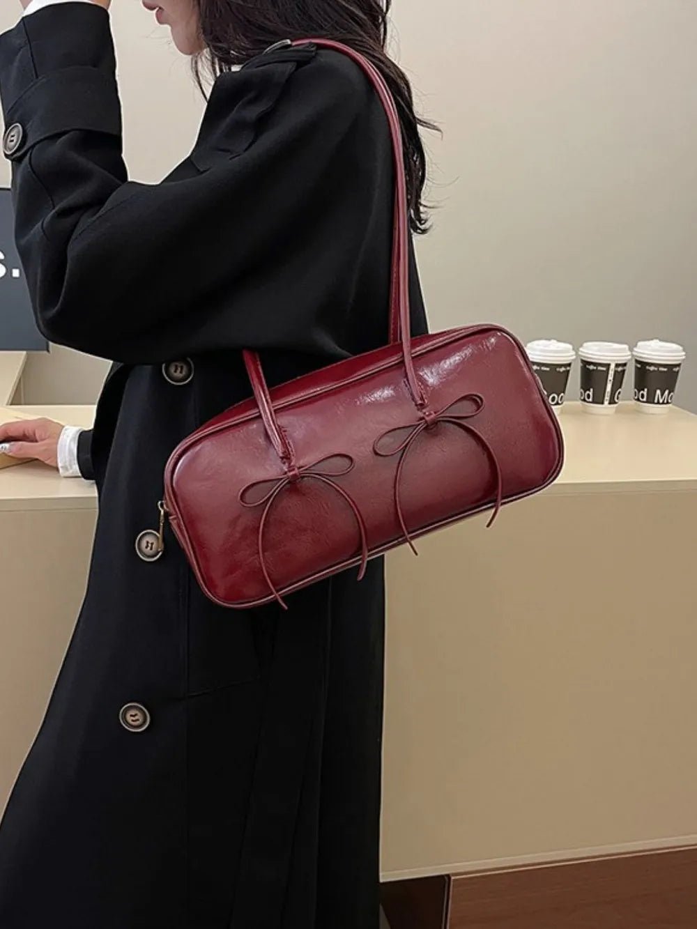 PU Leather Bow Trim Shoulder Bag - SuzRevera