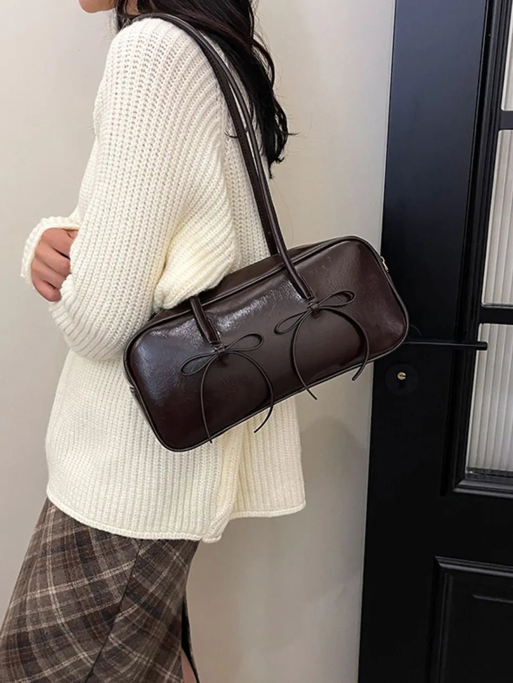 PU Leather Bow Trim Shoulder Bag - SuzRevera